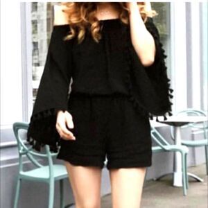 Fifteen Twenty Black Tassel Pom Pom Trim  Off Shoulder or on Romper SM nwot